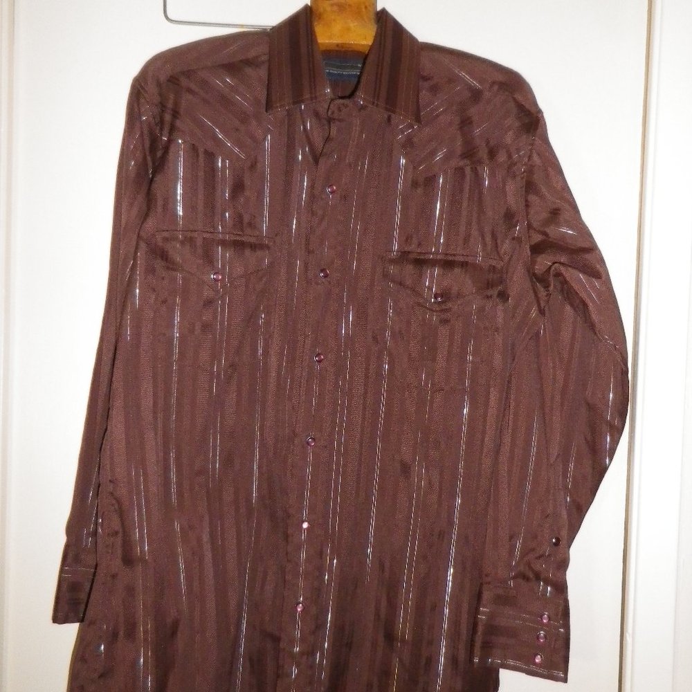 Man's Western Shirt - chocolate brown w/ silver metallic stripes - snap closures